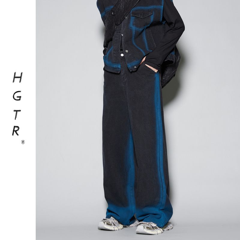 Unique Gradient Distressed Denim Vest Jacket  +High-street casual straight-leg wide-leg jeans