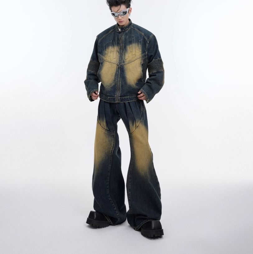 Heavyweight Retro Distressed Deconstructed Denim Suit Jacket with 3D Embossed Design, Men's Trendy