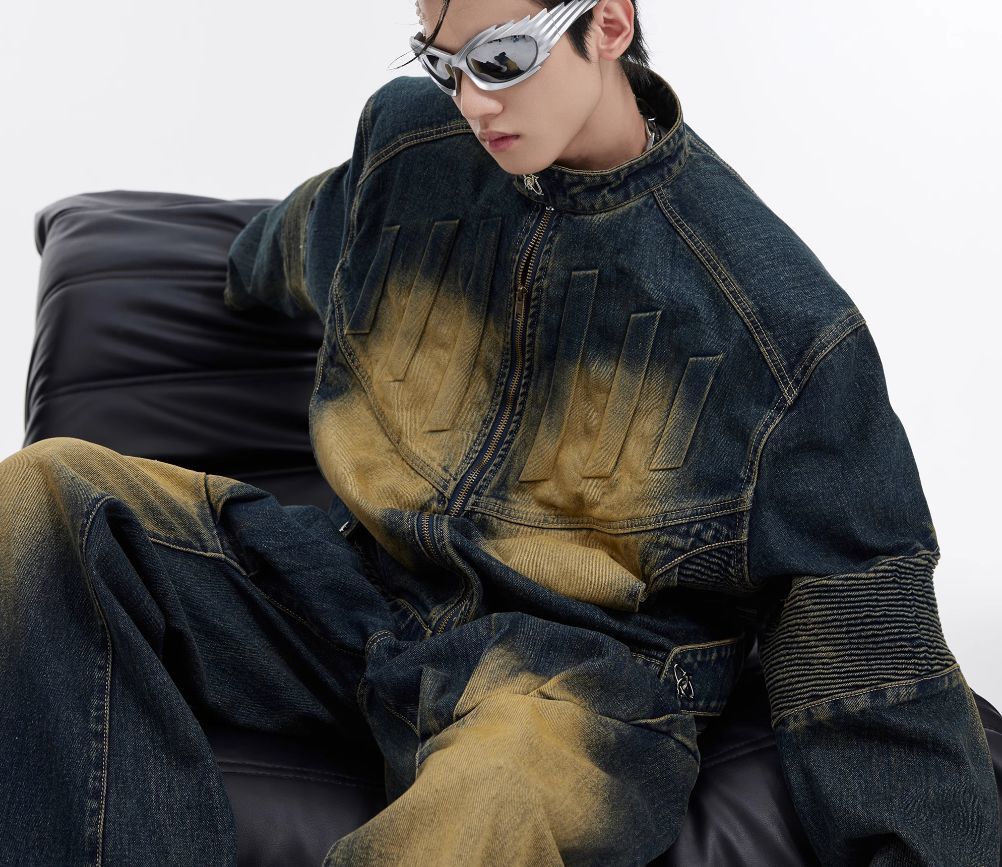 Heavyweight Retro Distressed Deconstructed Denim Suit Jacket with 3D Embossed Design, Men's Trendy