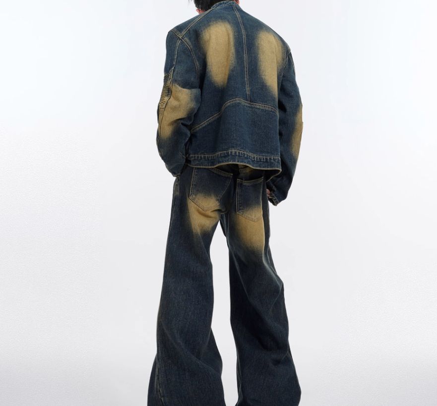Heavyweight Retro Distressed Deconstructed Denim Suit Jacket with 3D Embossed Design, Men's Trendy