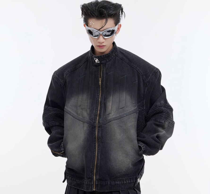 Heavyweight Retro Distressed Deconstructed Denim Suit Jacket with 3D Embossed Design, Men's Trendy