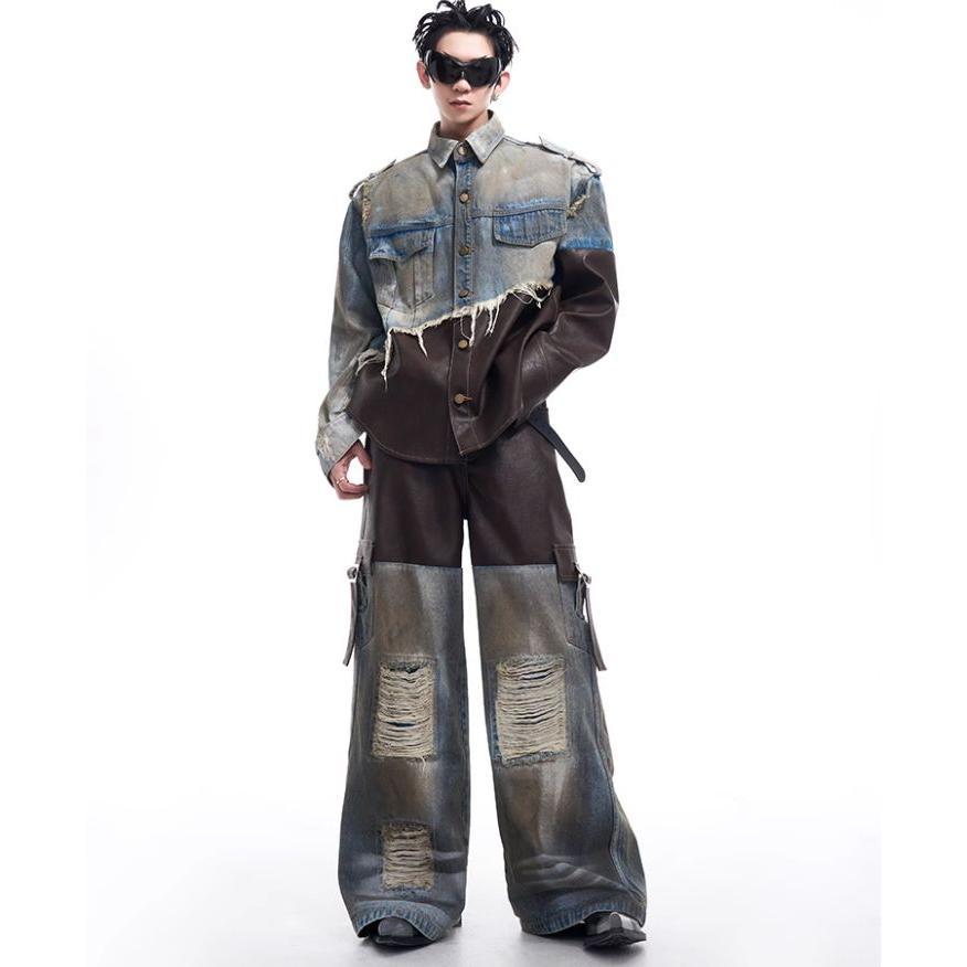 Retro Distressed Denim Jacket with Patchwork Leather, Men's Autumn/Winter Dirty Jacket, Hip Hop Style