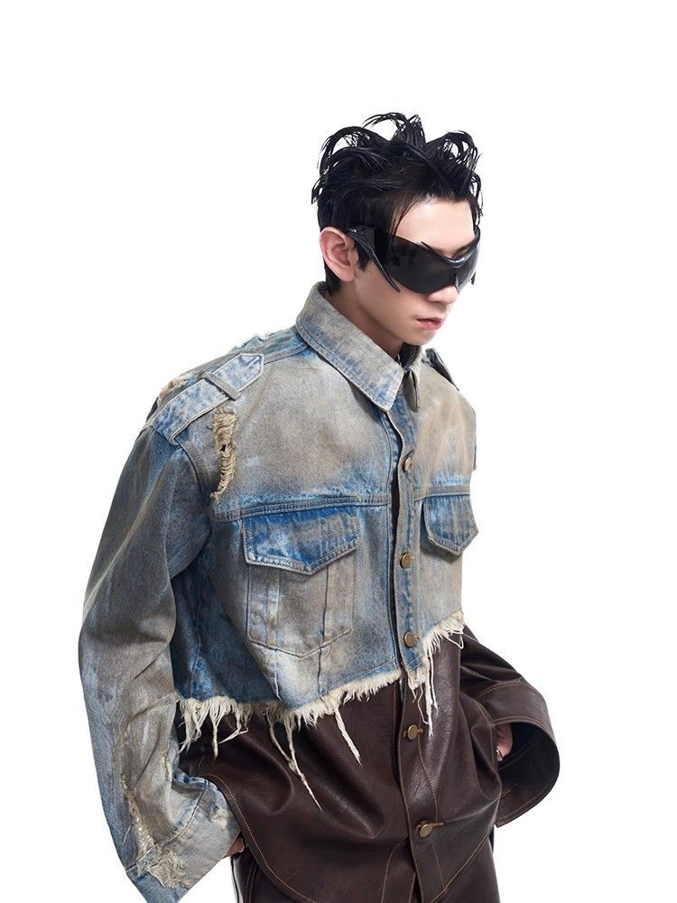 Retro Distressed Denim Jacket with Patchwork Leather, Men's Autumn/Winter Dirty Jacket, Hip Hop Style