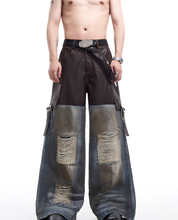 Retro Distressed Denim Jacket with Patchwork Leather, Men's Autumn/Winter Dirty Jacket, Hip Hop Style