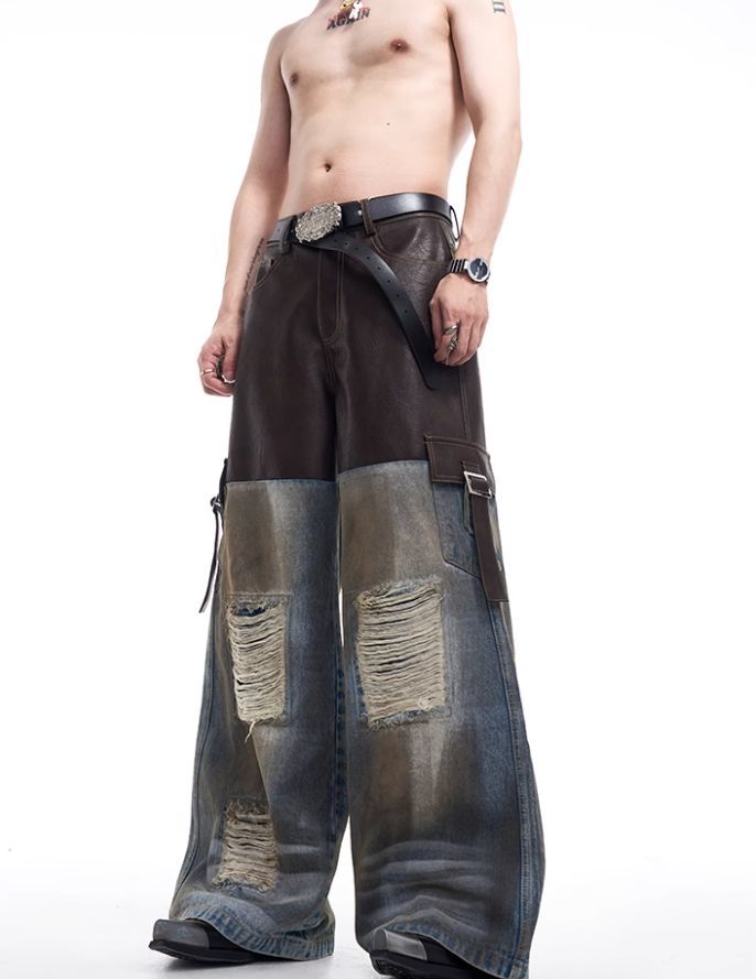 Retro Distressed Denim Jacket with Patchwork Leather, Men's Autumn/Winter Dirty Jacket, Hip Hop Style