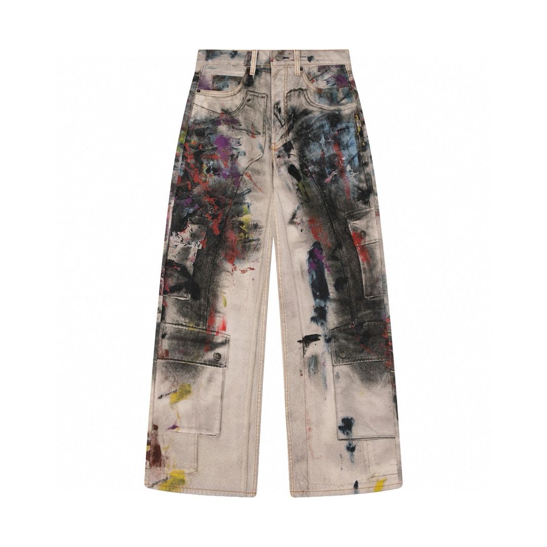 AC Style 25SS Painted Graffiti Splatter Denim Pants Cargo Pants Loose Straight Leg Wide Leg Pants