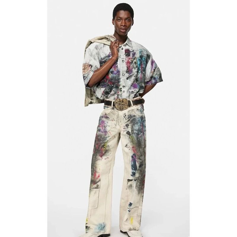 AC Style 25SS Painted Graffiti Splatter Denim Pants Cargo Pants Loose Straight Leg Wide Leg Pants