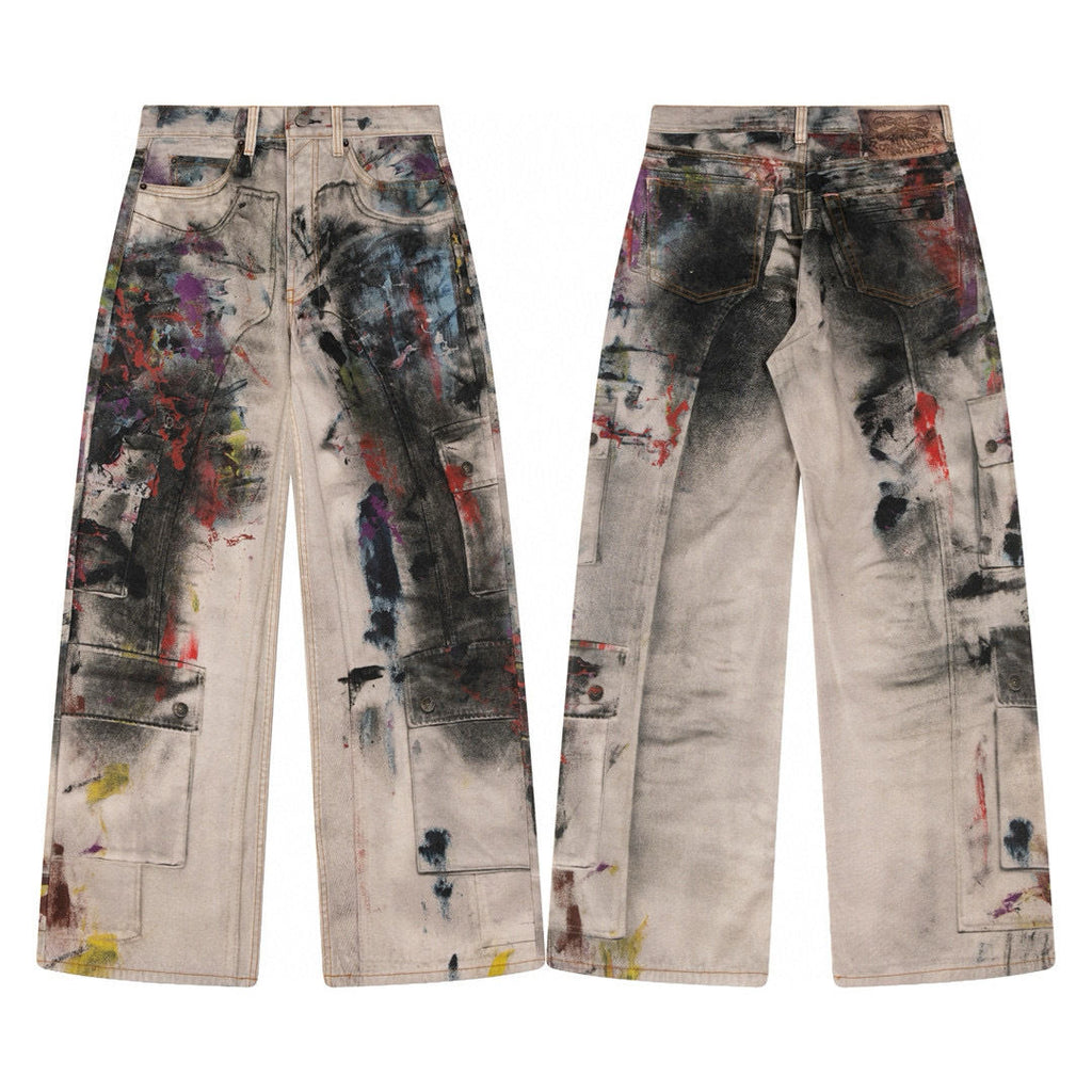 AC Style 25SS Painted Graffiti Splatter Denim Pants Cargo Pants Loose Straight Leg Wide Leg Pants