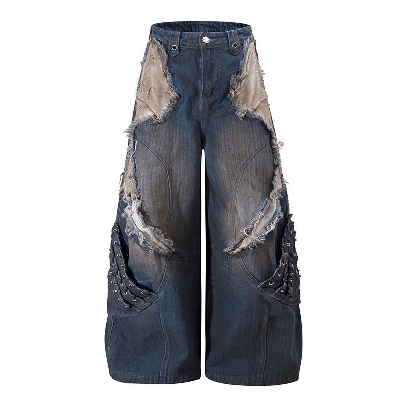 American Vibe retro heavy-duty distressed patchwork work jeans, deconstructed wide-leg trousers