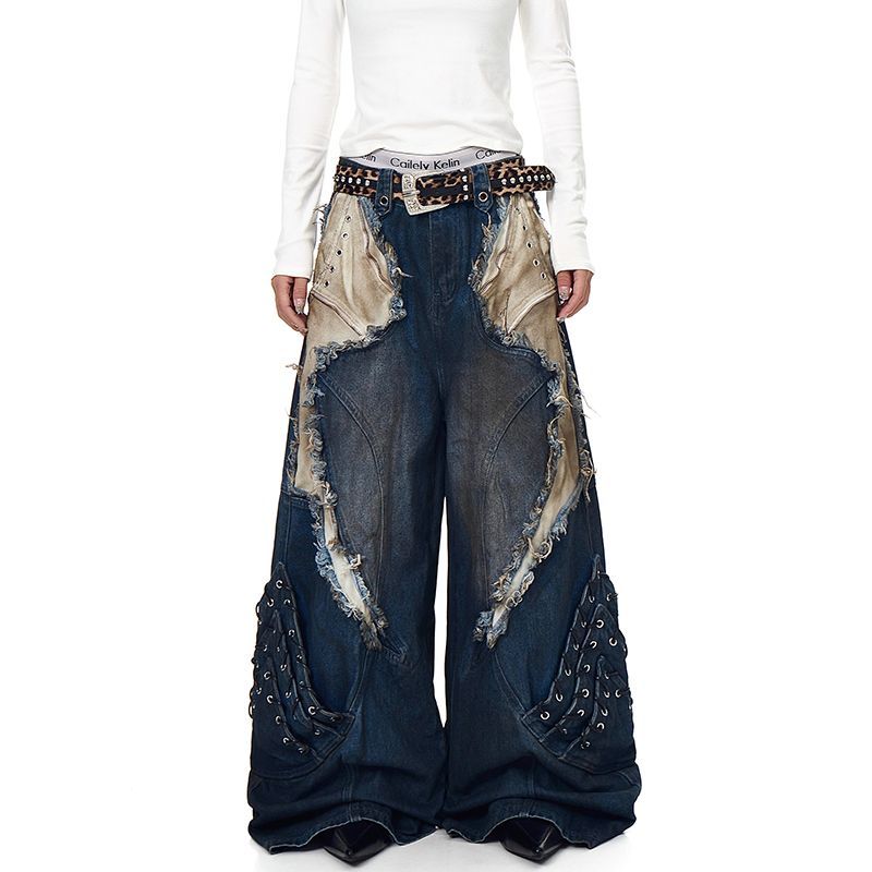 American Vibe retro heavy-duty distressed patchwork work jeans, deconstructed wide-leg trousers