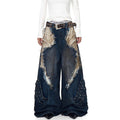 American Vibe retro heavy-duty distressed patchwork work jeans, deconstructed wide-leg trousers