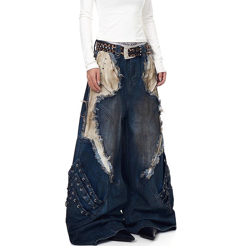 American Vibe retro heavy-duty distressed patchwork work jeans, deconstructed wide-leg trousers