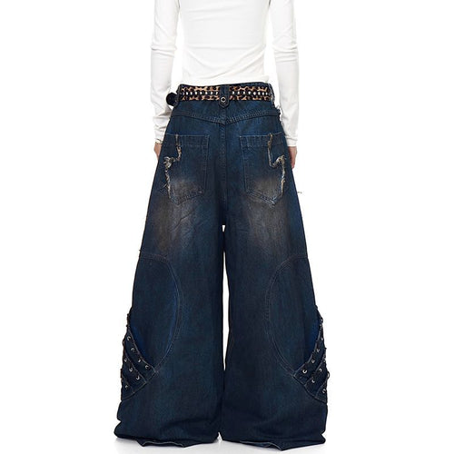 American Vibe retro heavy-duty distressed patchwork work jeans, deconstructed wide-leg trousers