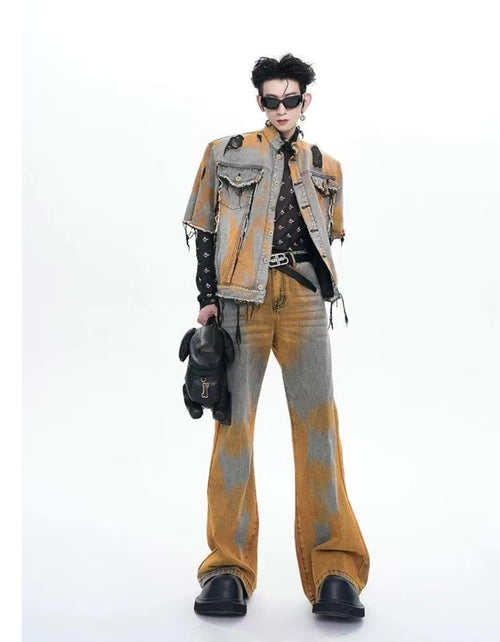 Autumn/Winter High-End Tie-Dye Distressed Denim Jacket Set with Loose Straight Leg Wide-Leg Pants - Trendy and Versatile.