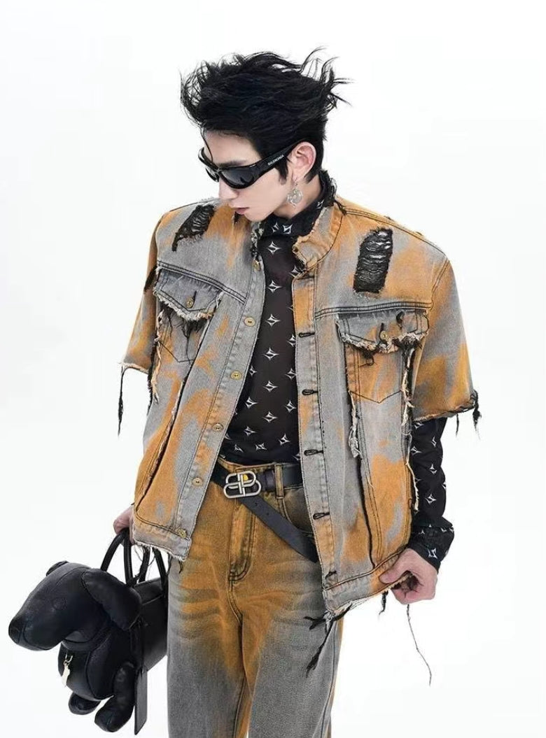 Autumn/Winter High-End Tie-Dye Distressed Denim Jacket Set with Loose Straight Leg Wide-Leg Pants - Trendy and Versatile.