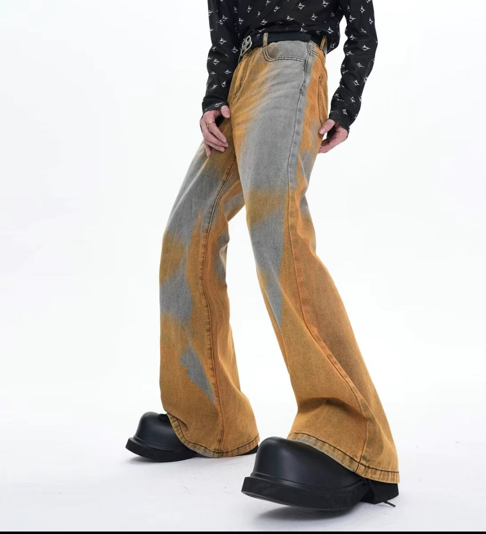 Autumn/Winter High-End Tie-Dye Distressed Denim Jacket Set with Loose Straight Leg Wide-Leg Pants - Trendy and Versatile.