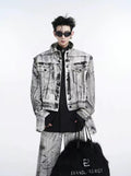 Autumn/Winter High-End Tie-Dye Distressed Denim Jacket Set with Loose Straight Leg Wide-Leg Pants - Trendy and Versatile.