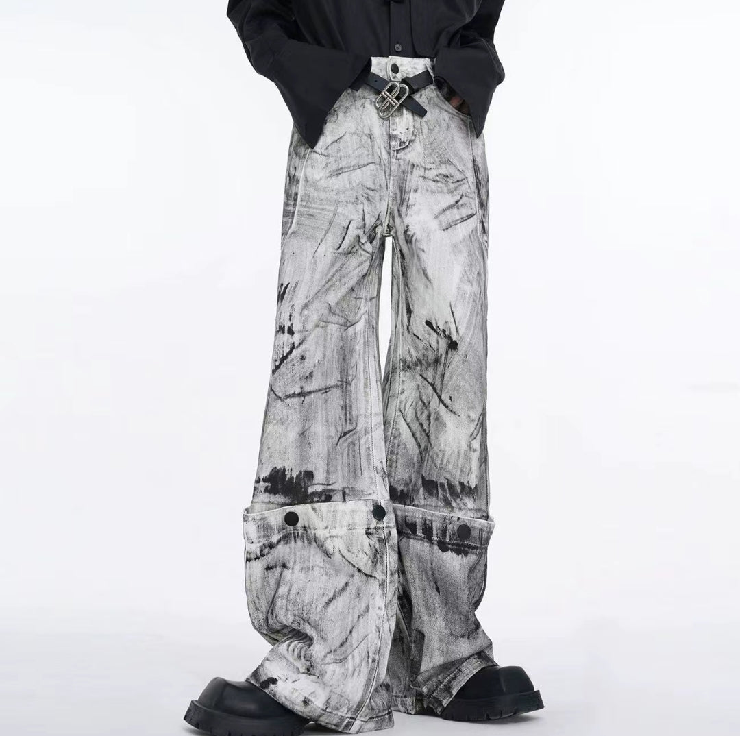 Autumn/Winter High-End Tie-Dye Distressed Denim Jacket Set with Loose Straight Leg Wide-Leg Pants - Trendy and Versatile.